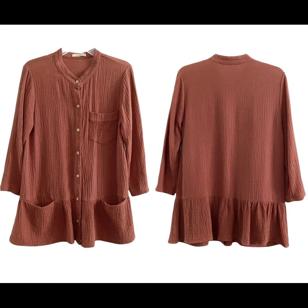 Polagram gauze cotton boho button down long sleeve tunic, sienna brown - Picture 3 of 9